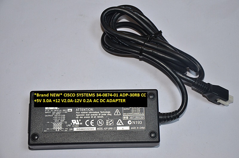 *Brand NEW* ADP-30RB CC 34-0874-01 CISCO SYSTEMS +5V 3.0A +12 V2.0A-12V 0.2A AC DC ADAPTER